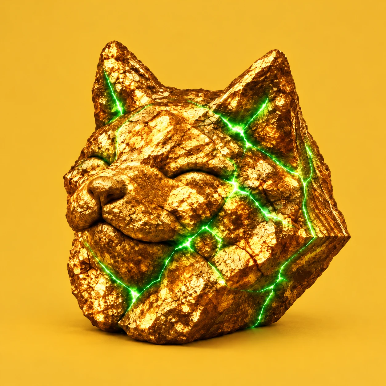 Gold Inu smiling with closed eyes, gold rock cheeks and neon green cracks