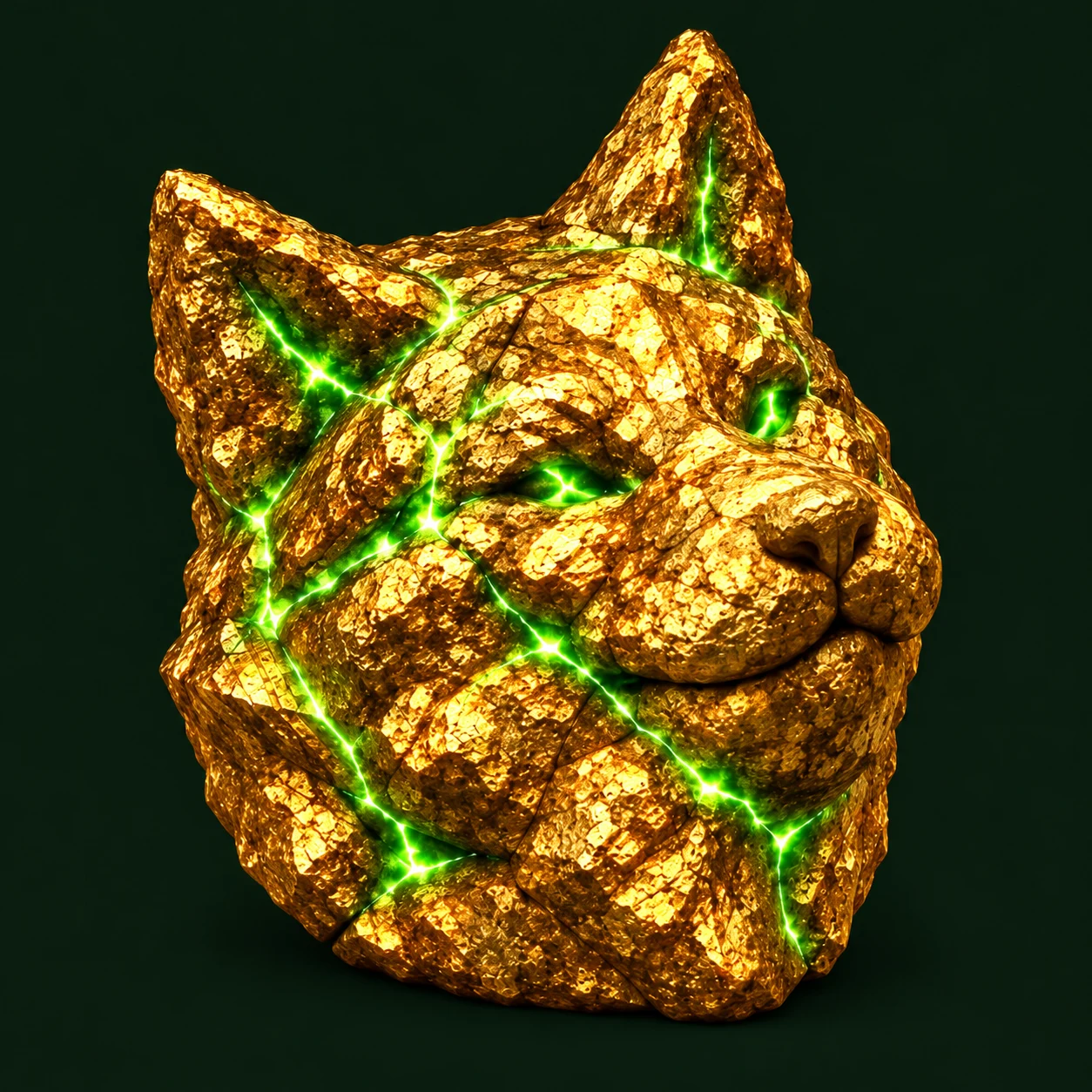 Gold Inu tilting his rocky gold head with an inquisitive expression
