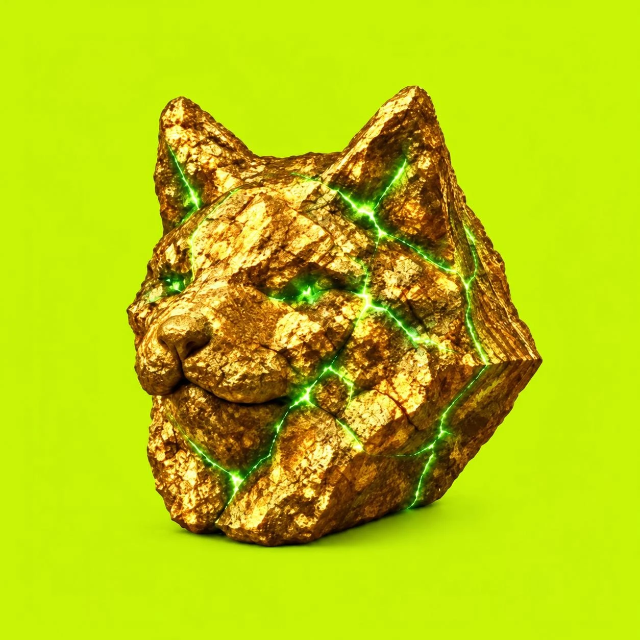Gold Inu, a sculpted rocky-gold dog head with bright neon-green cracks