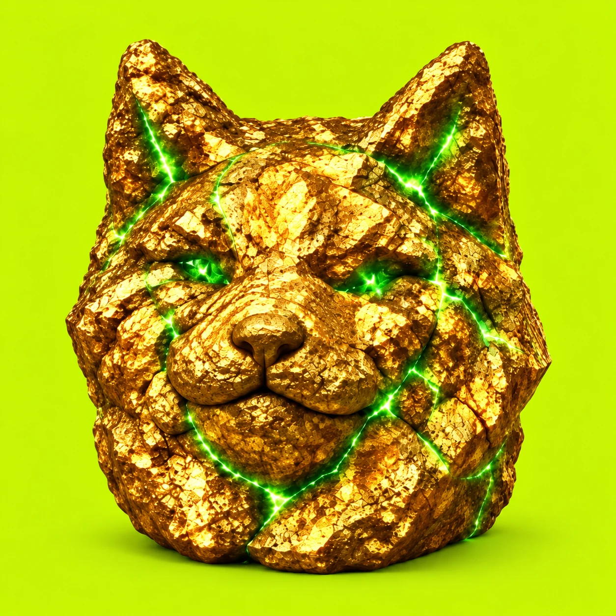 Gold Inu facing forward with a confident grin and glowing green fissures